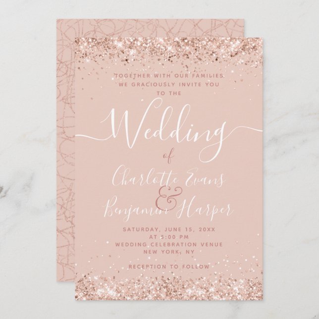 Girly Rose Gold Glitter Wedding Invitation (Front/Back)