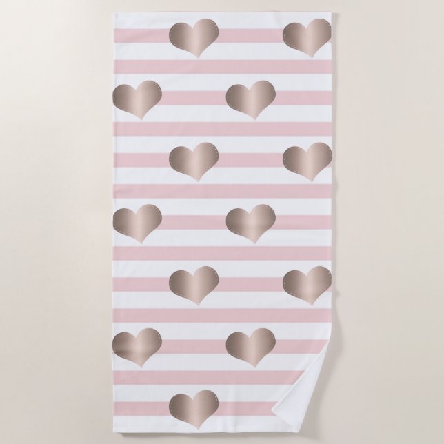 Girly Rose Gold Hearts , Stripes  -Personalised Beach Towel (Front)