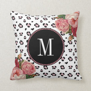 Girly Rose Gold Leopard Vintage Floral Monogram Cushion