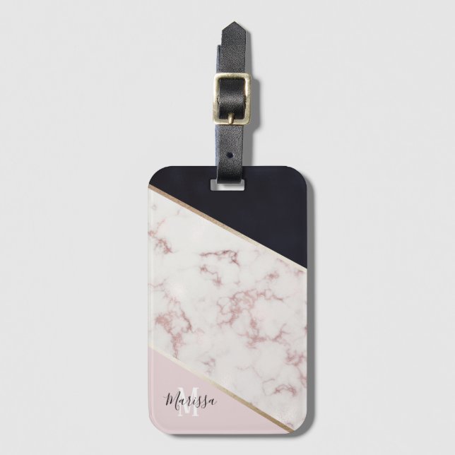 Girly Rose Gold Marble Abstract Monogram Luggage Tag (Front Vertical)