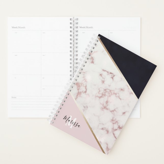 Girly Rose Gold Marble Abstract Monogram Planner (Display)