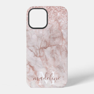 Girly Rose Gold Marble Glitter Monogrammed Name iPhone 12 Case