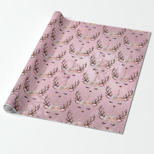 Girly rose gold marble unicorn reindeer pattern wrapping paper