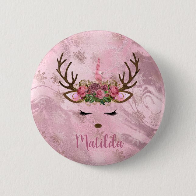 Girly rose gold marble unicorn reindeer snowflakes 6 cm round badge (Front)