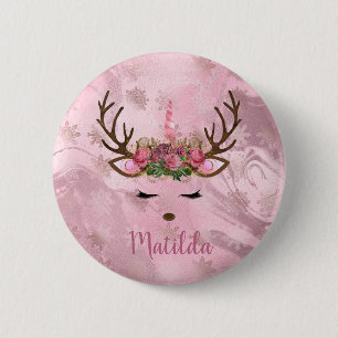 Girly rose gold marble unicorn reindeer snowflakes 6 cm round badge