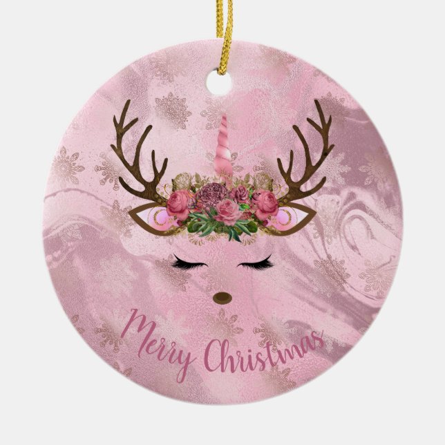 Girly rose gold marble unicorn reindeer snowflakes ceramic tree decoration (Front)