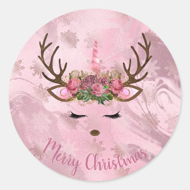 Girly rose gold marble unicorn reindeer snowflakes classic round sticker (Front)
