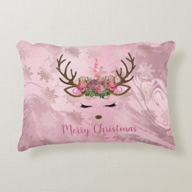 Girly rose gold marble unicorn reindeer snowflakes decorative cushion (Front)