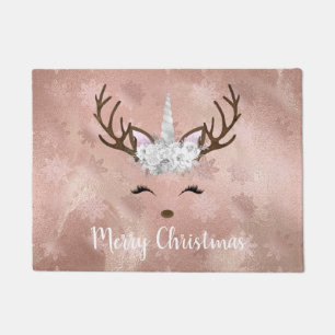 Girly rose gold marble unicorn reindeer snowflakes doormat