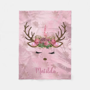 Girly rose gold marble unicorn reindeer snowflakes fleece blanket
