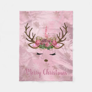 Girly rose gold marble unicorn reindeer snowflakes fleece blanket