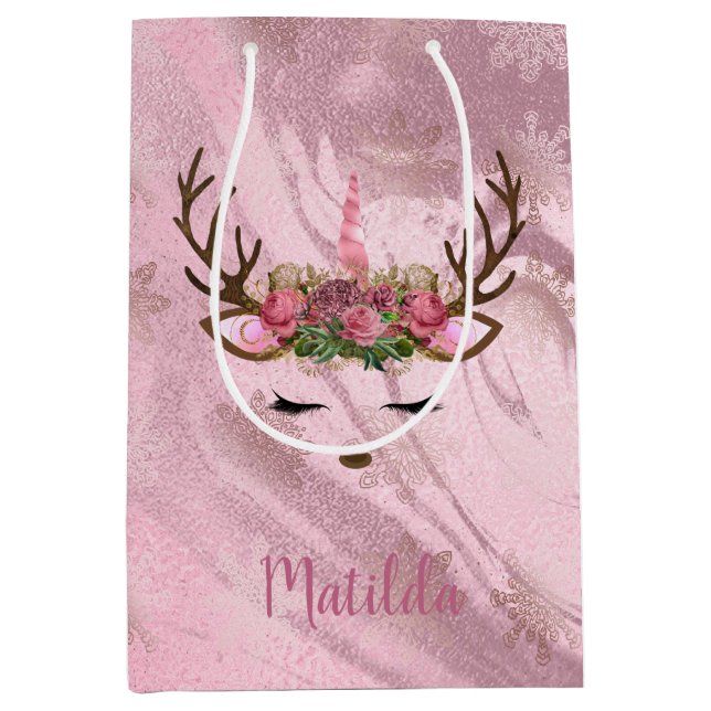Girly rose gold marble unicorn reindeer snowflakes medium gift bag (Front)