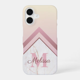 Girly Rose Gold Monogram Geometric Marble iPhone 16 Case