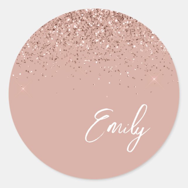 Girly Rose Gold Monogram Glam Name Classic Round Sticker (Front)