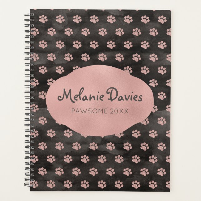 Girly Rose Gold Pawprints Dog Grooming Planner  (Front)