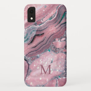 Girly Rose Gold Pink Agate Quartz Glitter Monogram Case-Mate iPhone Case