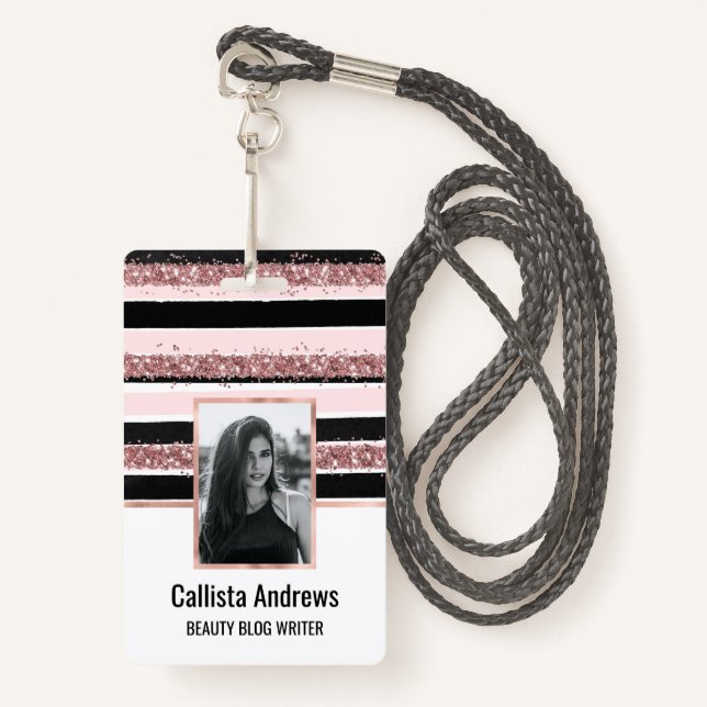 Girly Rose Gold Pink Black Glitter Stripes Pattern ID Badge (Front with Lanyard)
