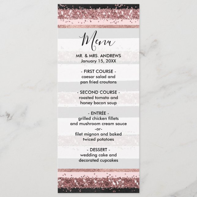 Girly Rose Gold Pink Black Glitter Stripes Pattern Menu (Front)