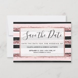 Girly Rose Gold Pink Black Glitter Stripes Pattern Save The Date