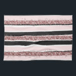 Girly Rose Gold Pink Black Glitter Stripes Pattern Tea Towel<br><div class="desc">This elegant, modern, and girly pattern is perfect for the trendy and stylish fashionista. It features a faux printed rose gold scatter glitter stripes pattern alongside blush pink and black stripes on top of a simple white background. It's glamourous, luxury, and pretty. ***IMPORTANT DESIGN NOTE: For any custom design request...</div>