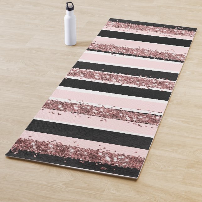 Girly Rose Gold Pink Black Glitter Stripes Pattern Yoga Mat (In Situ)