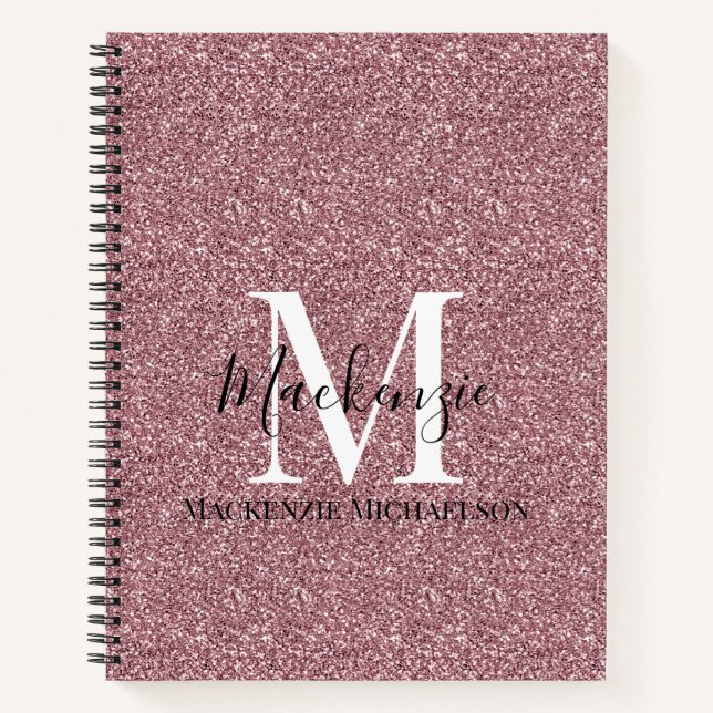 Girly Rose Gold Pink Glitter Monogram Name  Notebook (Front)