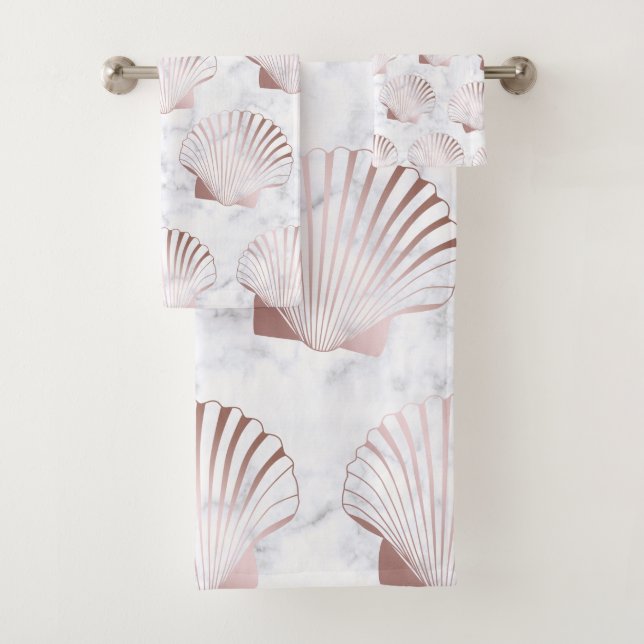 Girly rose gold seashell pattern & white marble bath towel set (Insitu)
