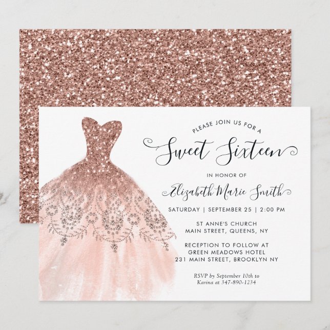 Girly Rose Gold Sparkle Dress Sweet 16th Birthday Invitation (Front/Back)