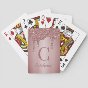 Girly Rose Gold Sparkle Dripping Glitter Monogram Playing Cards