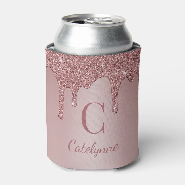 Girly Rose Gold Sparkle Glitter Drips Monogram Can Cooler (Can Front)