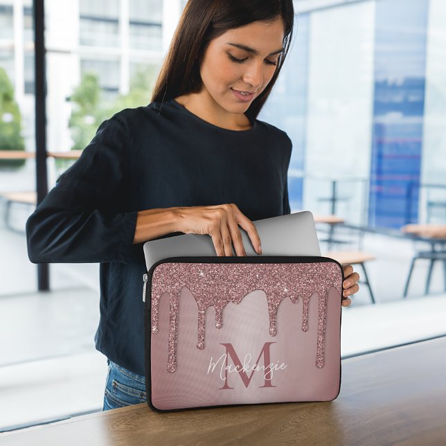 Girly Rose Gold Sparkle Glitter Drips Monogram Laptop Sleeve (Creator Uploaded)