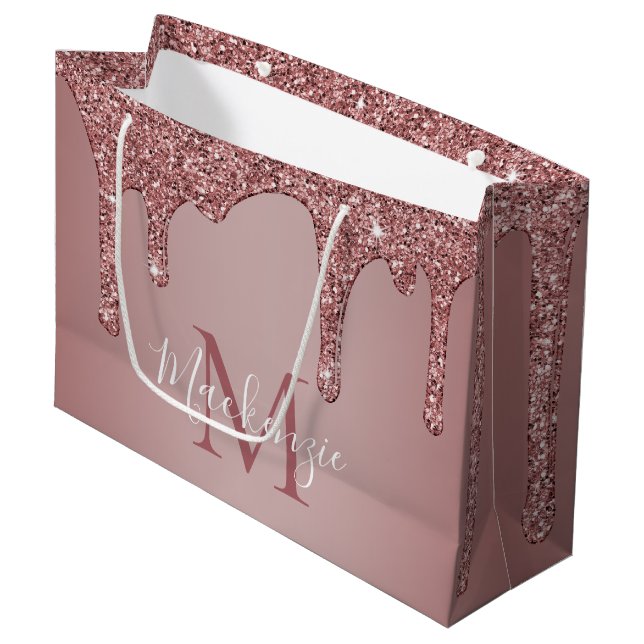 Girly Rose Gold Sparkle Glitter Drips Monogram Large Gift Bag (Front Angled)