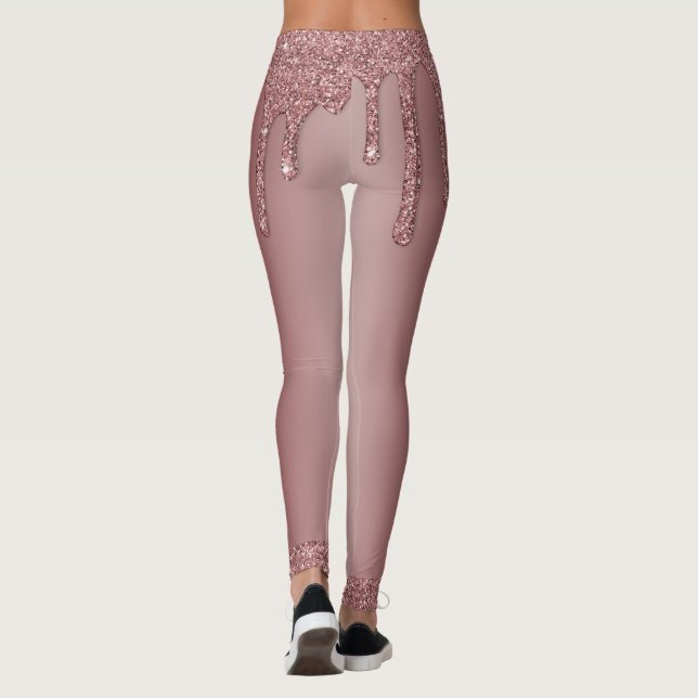 Girly Rose Gold Sparkle Glitter Drips Monogram Leggings (Back)