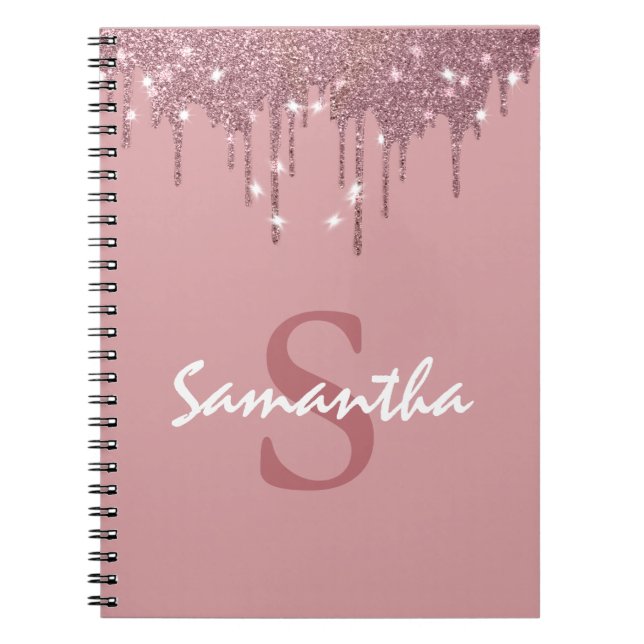 Girly Rose Gold Sparkle Glitter Drips Monogram  Notebook (Front)