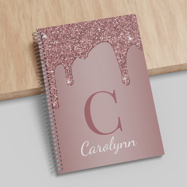 Girly Rose Gold Sparkle Glitter Drips Monogram Notebook (Creator Uploaded)