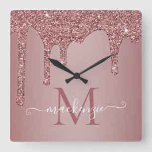 Girly Rose Gold Sparkle Glitter Drips Monogram Square Wall Clock