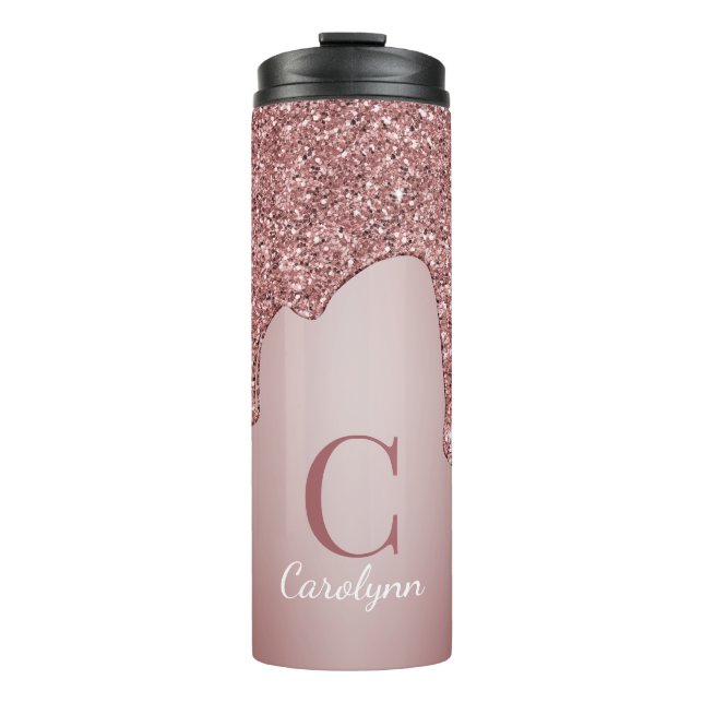 Girly Rose Gold Sparkle Glitter Drips Monogram Thermal Tumbler (Front)