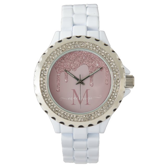 Girly Rose Gold Sparkle Glitter Drips Monogram Watch (Front)