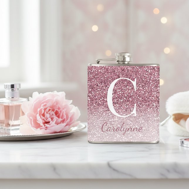 Girly Rose Gold Sparkle Ombre Glitter Monogram Hip Flask (Girly Rose Gold Sparkle Ombre Glitter Monogram Flask)