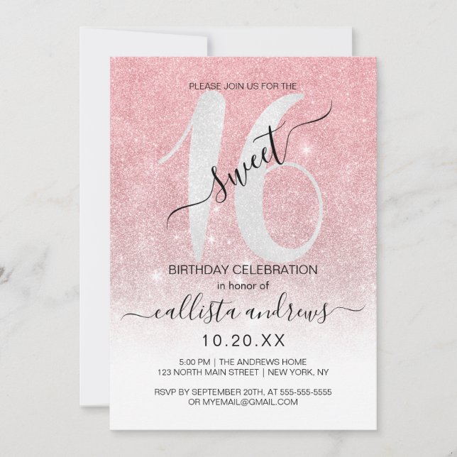Girly Rose Gold White Glitter Ombre Sweet 16 Invitation (Front)