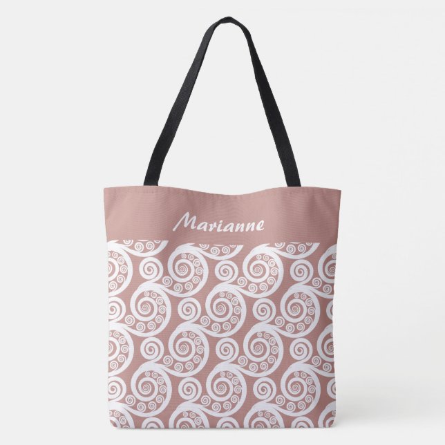 Girly Rose-Pink Abstract Fern Leaves Name Tote Bag (Back)