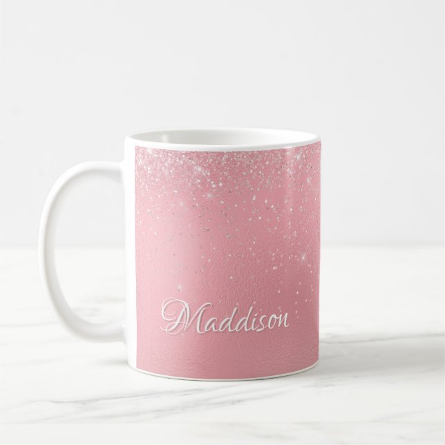Girly Rose Pink Silver Glitter Personalised Name Coffee Mug (Left)