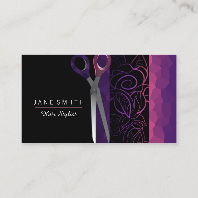 Girly rose purple and pink scissor design business card (Front)