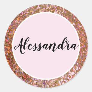 Girly Rose Purple Glitter Name Classic Classic Round Sticker