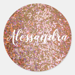 Girly Rose Purple Glitter Name Classic Round Sticker