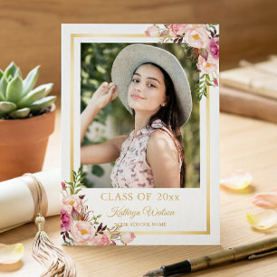 Girly Rustic Floral Gold Photo Graduation Party Invitation