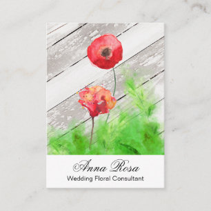*~* Girly Rustic Red Poppy Flowers Vintage Wood Business Card