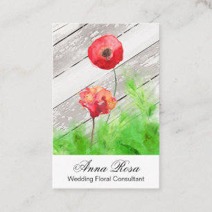 *~* Girly Rustic Red Poppy Flowers Vintage Wood Business Card