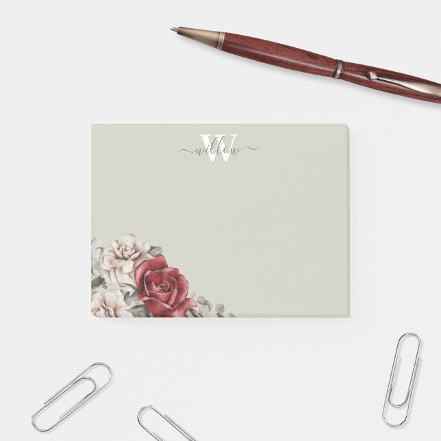 Girly Rustic Rose Monogram Floral Post-It Notes (Creator Uploaded)