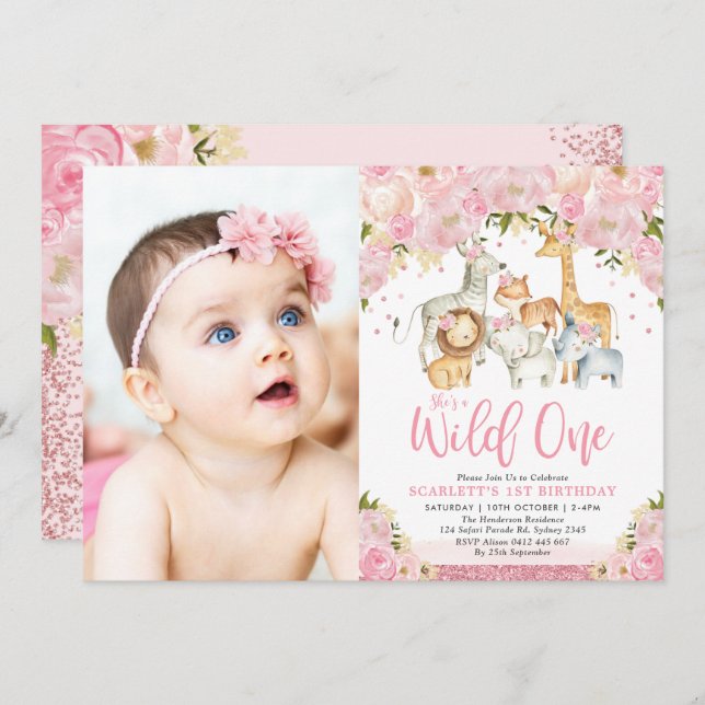 Girly Safari Jungle Animals Wild One Birthday Invitation (Front/Back)